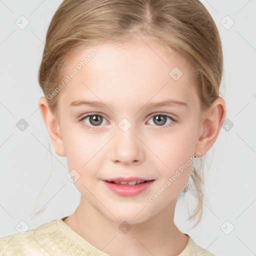 Joyful white child female with medium  brown hair and grey eyes