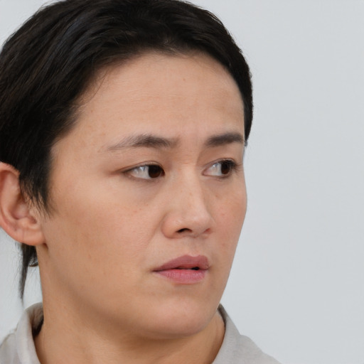Neutral asian young-adult female with short  brown hair and brown eyes