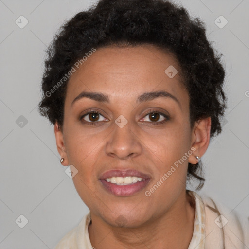 Joyful latino young-adult female with short  brown hair and brown eyes