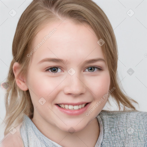 Joyful white child female with medium  brown hair and blue eyes