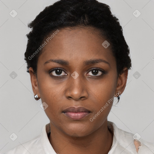 Neutral black young-adult female with short  black hair and brown eyes