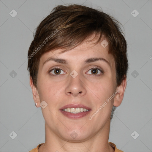 Joyful white young-adult female with short  brown hair and brown eyes