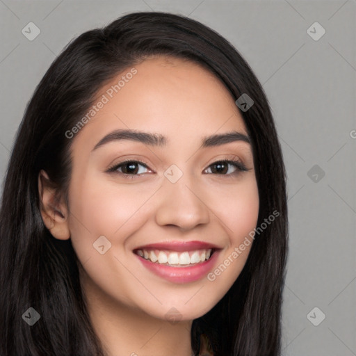 Joyful white young-adult female with long  black hair and brown eyes