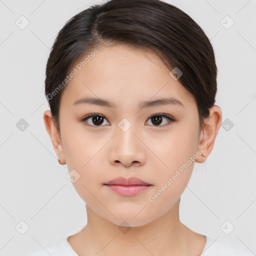 Neutral white young-adult female with medium  brown hair and brown eyes