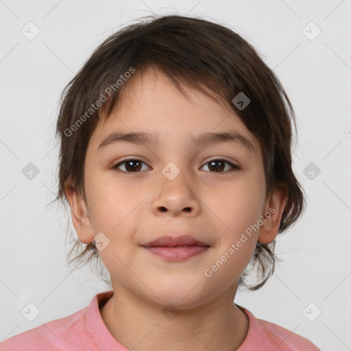 Joyful white child female with medium  brown hair and brown eyes