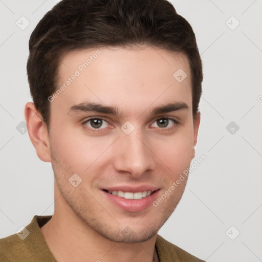 Joyful white young-adult male with short  brown hair and brown eyes