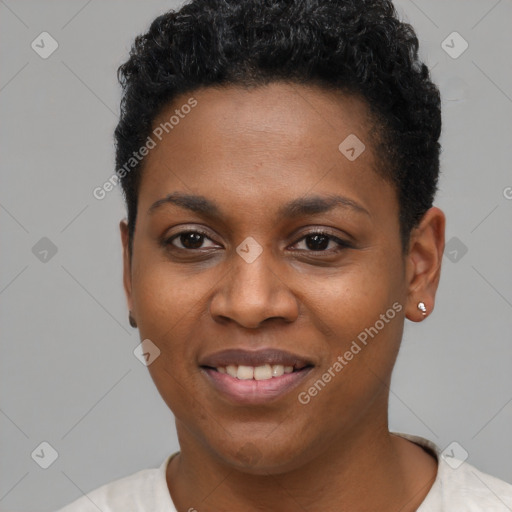 Joyful black young-adult female with short  black hair and brown eyes