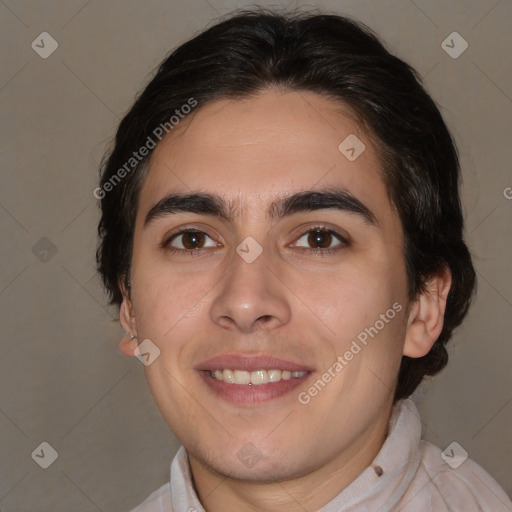 Joyful white young-adult male with medium  brown hair and brown eyes