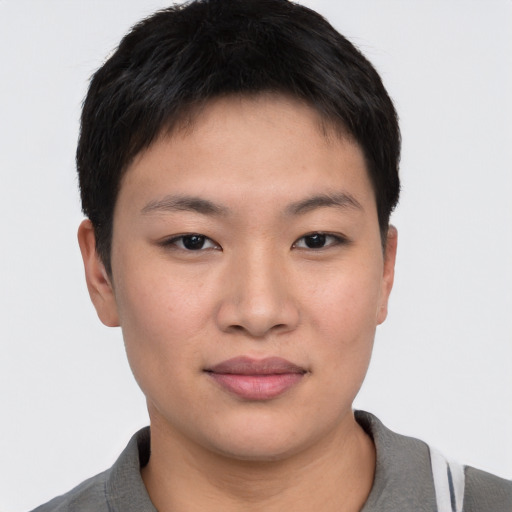 Neutral asian young-adult female with short  brown hair and brown eyes