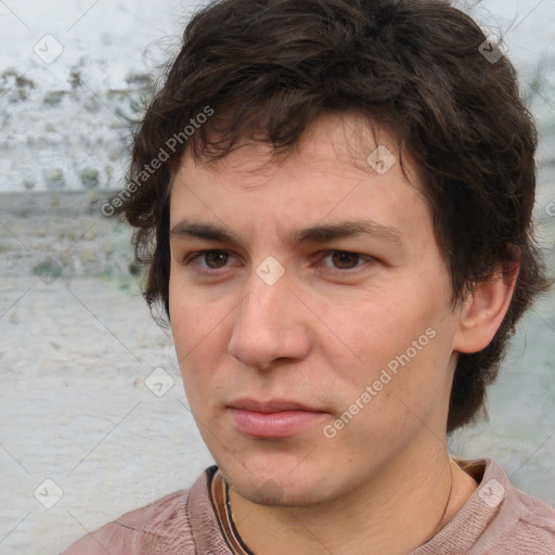 Joyful white young-adult male with medium  brown hair and brown eyes