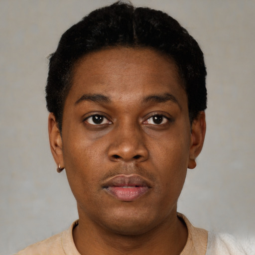 Neutral black young-adult male with short  black hair and brown eyes
