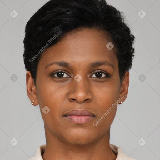 Joyful black young-adult female with short  black hair and brown eyes