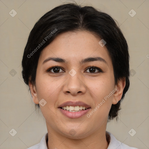 Joyful white young-adult female with medium  brown hair and brown eyes