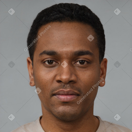 Neutral black young-adult male with short  black hair and brown eyes