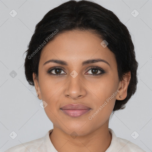 Joyful latino young-adult female with medium  brown hair and brown eyes