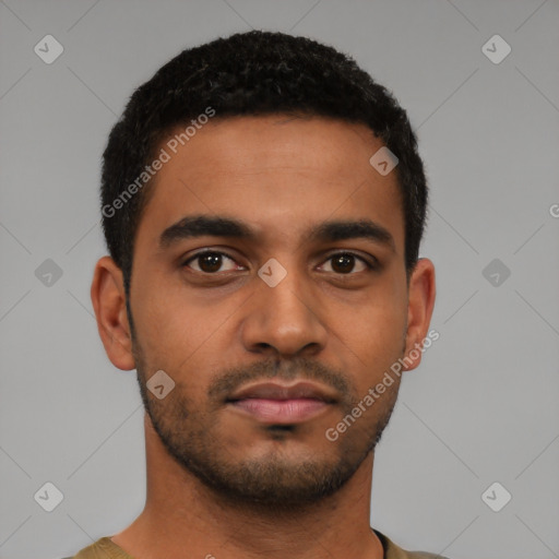 Neutral latino young-adult male with short  black hair and brown eyes