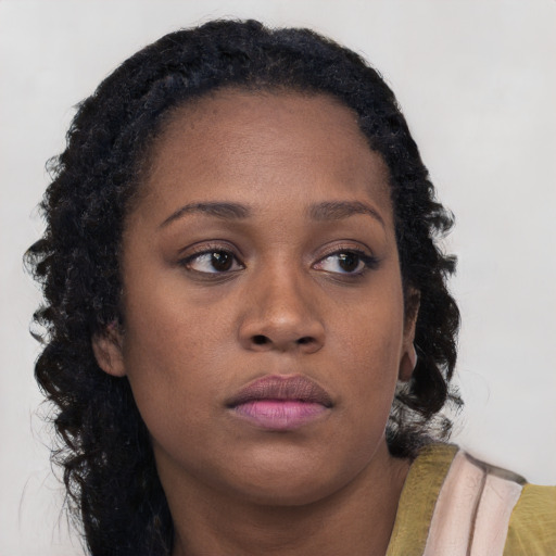 Neutral black young-adult female with long  brown hair and brown eyes
