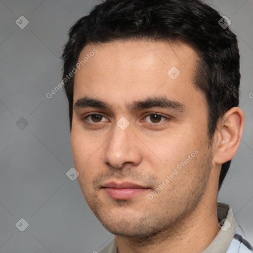 Neutral white young-adult male with short  black hair and brown eyes