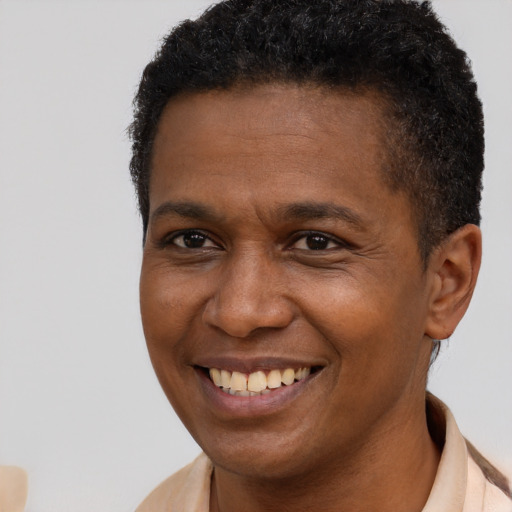 Joyful black young-adult male with short  brown hair and brown eyes