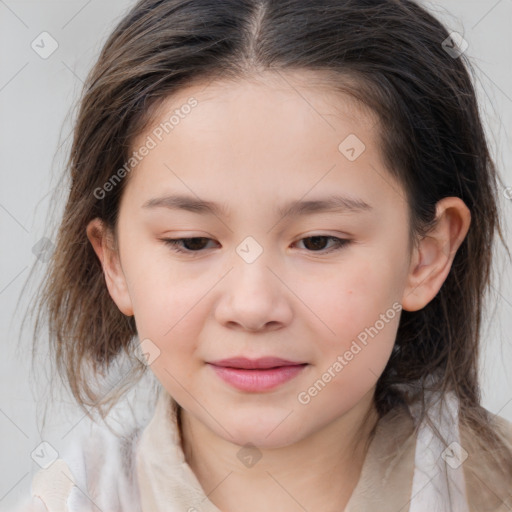 Joyful white child female with medium  brown hair and brown eyes