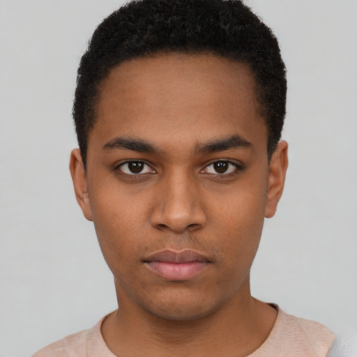 Neutral black young-adult male with short  black hair and brown eyes