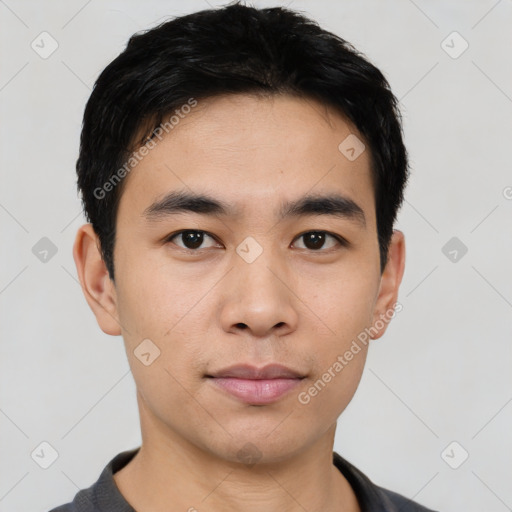 Neutral asian young-adult male with short  black hair and brown eyes