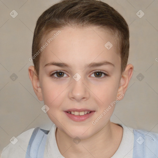 Joyful white child female with short  brown hair and brown eyes