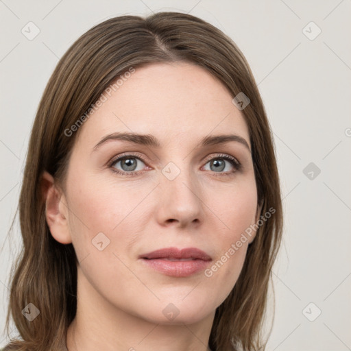 Neutral white young-adult female with medium  brown hair and grey eyes