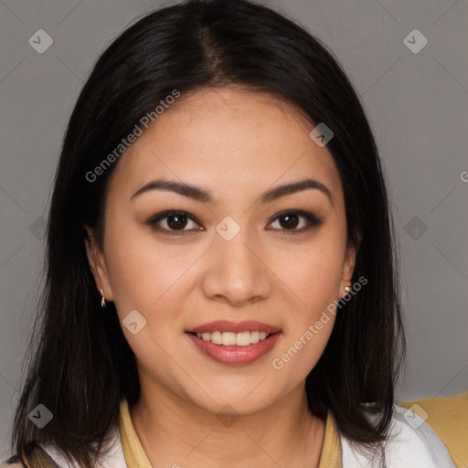 Joyful white young-adult female with long  brown hair and brown eyes