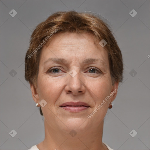 Joyful white adult female with short  brown hair and brown eyes