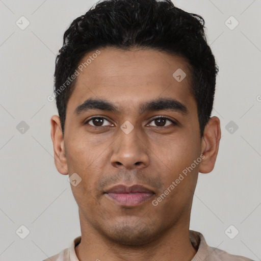 Neutral latino young-adult male with short  black hair and brown eyes