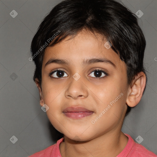 Joyful white child female with short  brown hair and brown eyes