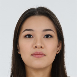 Neutral asian young-adult female with long  brown hair and brown eyes