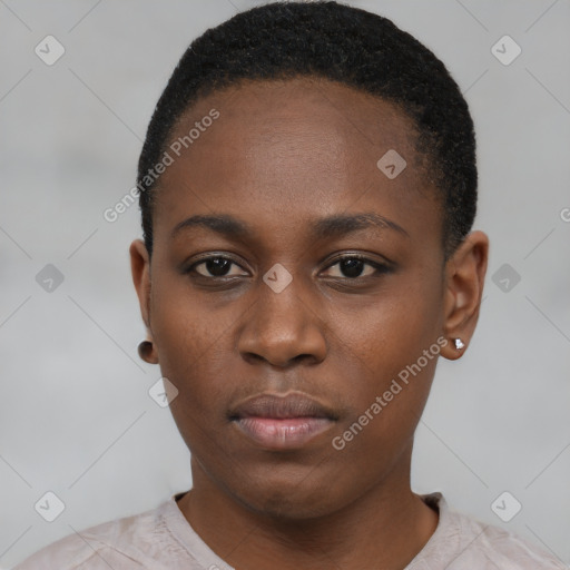 Neutral black young-adult female with short  black hair and brown eyes