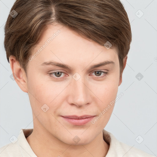 Joyful white young-adult female with short  brown hair and grey eyes