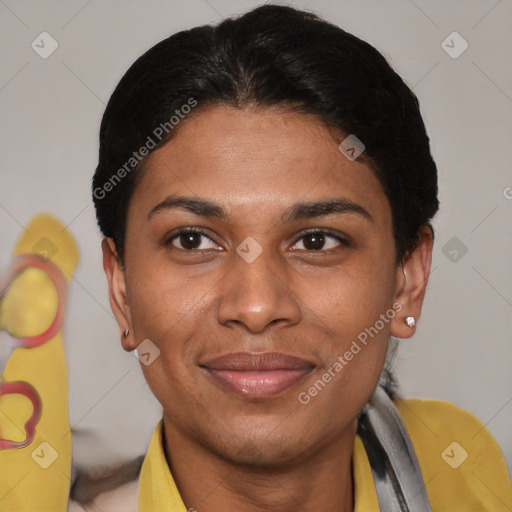 Joyful latino young-adult female with short  brown hair and brown eyes