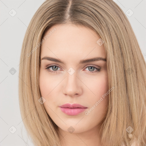 Neutral white young-adult female with long  brown hair and brown eyes