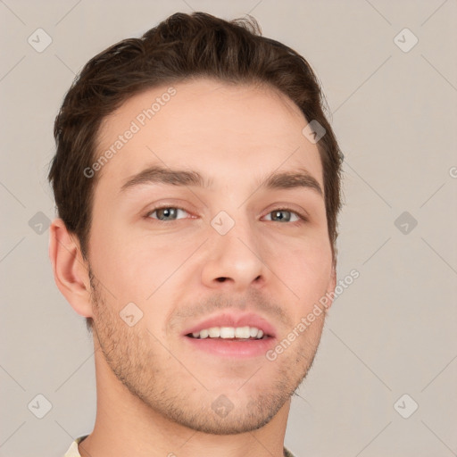 Neutral white young-adult male with short  brown hair and grey eyes