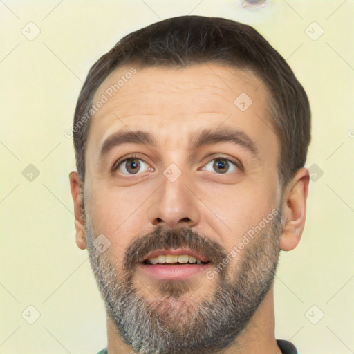 Neutral white adult male with short  brown hair and brown eyes