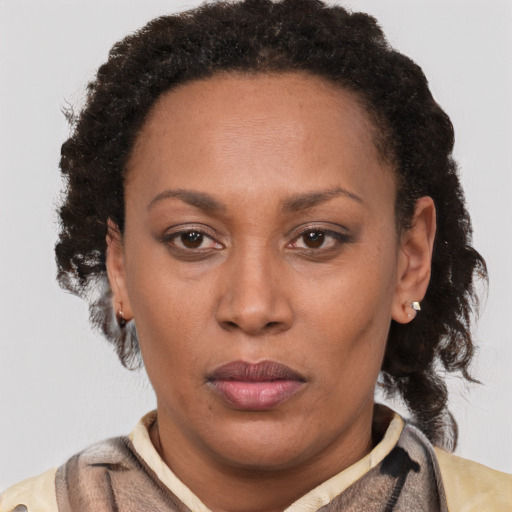 Neutral black adult female with short  brown hair and brown eyes