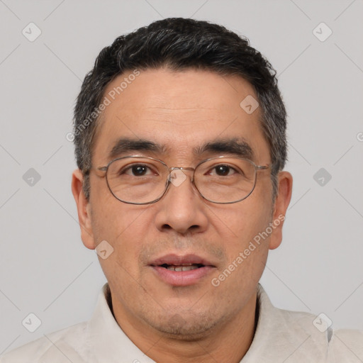 Joyful white adult male with short  black hair and brown eyes