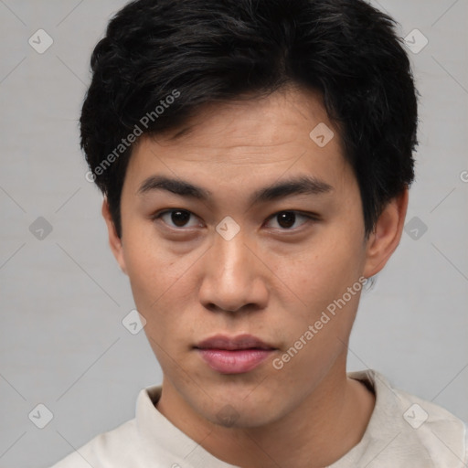 Neutral asian young-adult male with short  black hair and brown eyes
