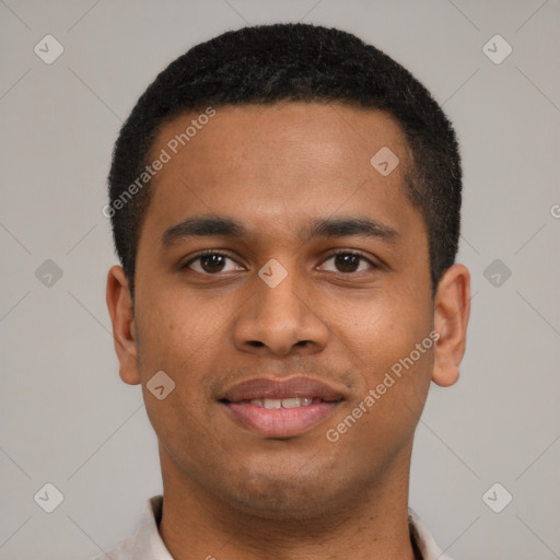 Joyful latino young-adult male with short  brown hair and brown eyes