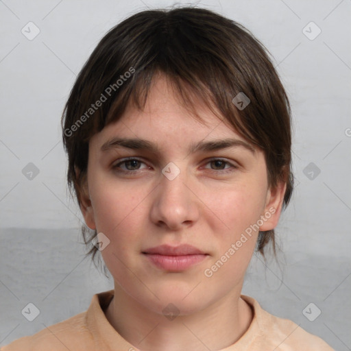 Neutral white young-adult female with medium  brown hair and brown eyes