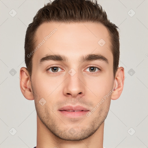 Neutral white young-adult male with short  brown hair and brown eyes