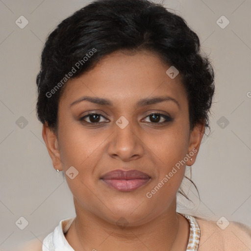 Joyful latino young-adult female with short  brown hair and brown eyes