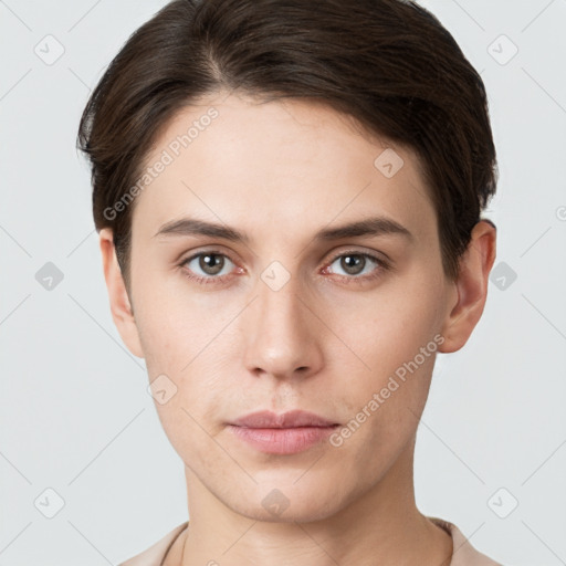 Neutral white young-adult female with short  brown hair and brown eyes