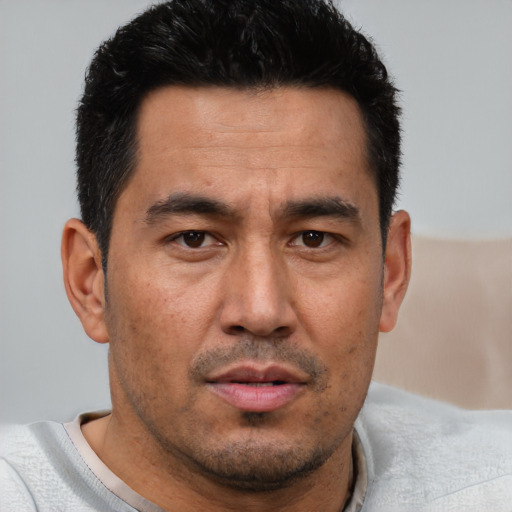 Neutral asian adult male with short  brown hair and brown eyes