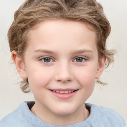 Joyful white child female with short  brown hair and grey eyes