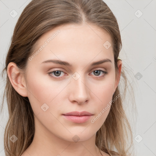 Neutral white young-adult female with long  brown hair and grey eyes